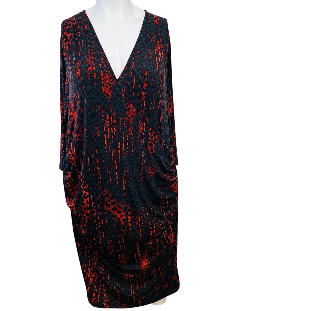 Jennifer Lopez Red Black Animal Print Dress 3X Surplice Ruched Stretch Knit Sexy
